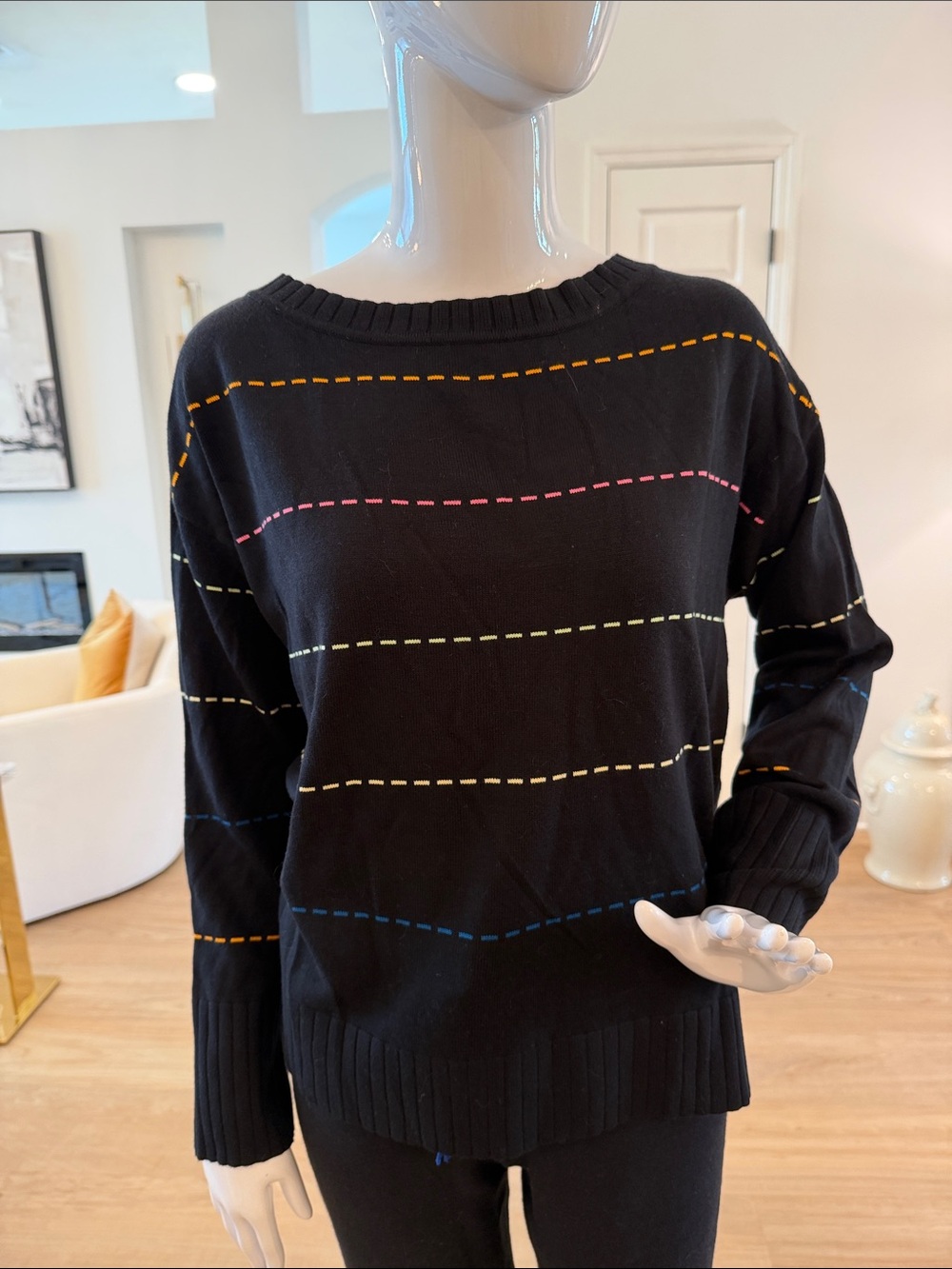 Peace Love World Black Crewneck Sweater with Multicolor Dotted Stripes